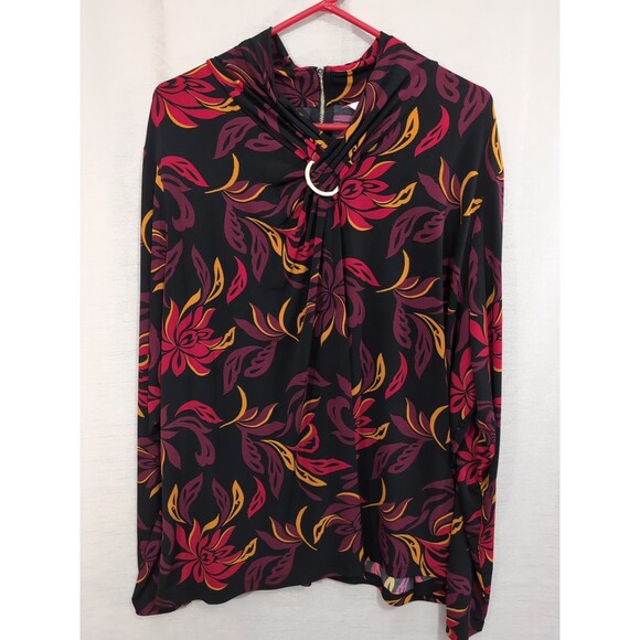 Liz Claiborne Blouse Womens 3X Black Floral Scroll Keyhole Ring Neck Long Sleeve - Picture 16 of 16
